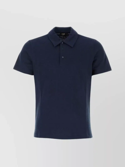 Fendi Polo Shirt With Hemline Slits And Ribbed Collar In Blue