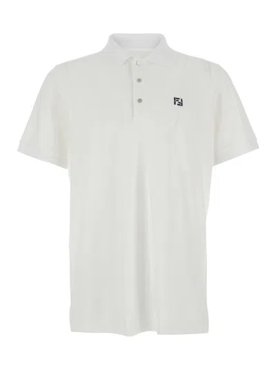 Fendi Polo Shirt With Logo And Ribbed Collar In White