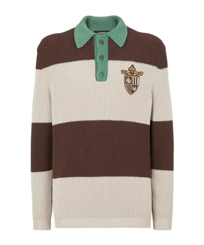 FENDI FENDI CREST EMBROIDERED STRIPED KNITTED POLO SHIRT