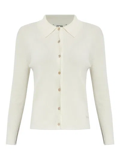 Fendi Long Sleeved Ribbed-knit Fitted Cardigan In White