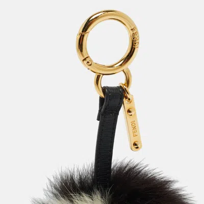 Pre-owned Fendi Pom Pom Bag Charm Black/beige Fox Fur