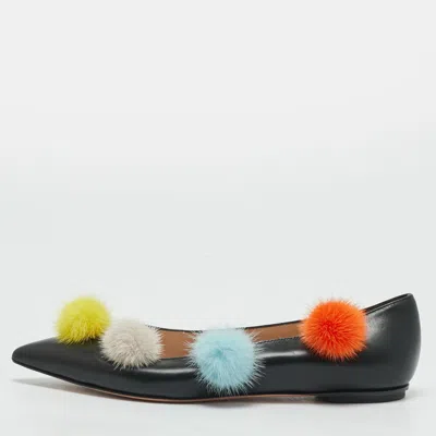 Pre-owned Fendi Pom Pom Size 37.5 Black Leather Ballet Flats