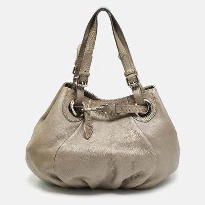 Pre-owned Fendi Pomodorino Metallic Selleria Leather Shoulder Bag In Silver