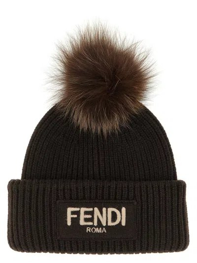 Fendi Pompon Beanie Hats Brown In Black