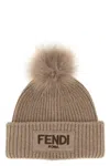 Fendi Grey Pompon Embroidered Logo Beanie Hat In Brown