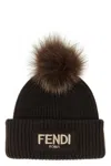 Fendi Brown Pompon Embroidered Logo Beanie Hat In Brown