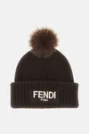 Fendi Brown Pompon Embroidered Logo Beanie Hat In Brown