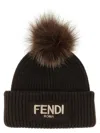 Fendi Brown Pompon Embroidered Logo Beanie Hat In Black