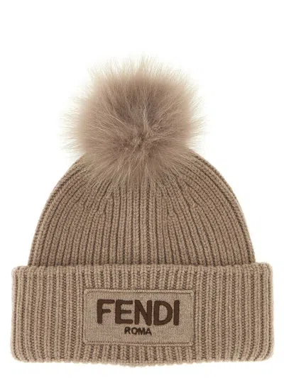 Fendi Pompon Beanie Hats Beige In Brown