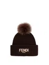 Fendi Brown Pompon Embroidered Logo Beanie Hat In Brown
