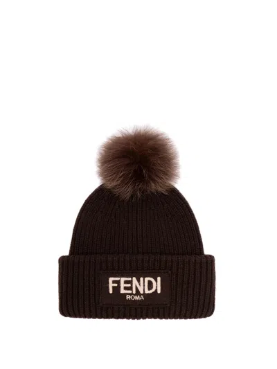Fendi Brown Pompon Embroidered Logo Beanie Hat