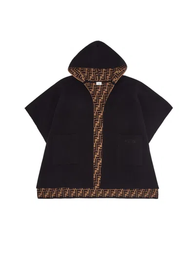 Fendi Girls Hooded Wool Poncho Coat In Black
