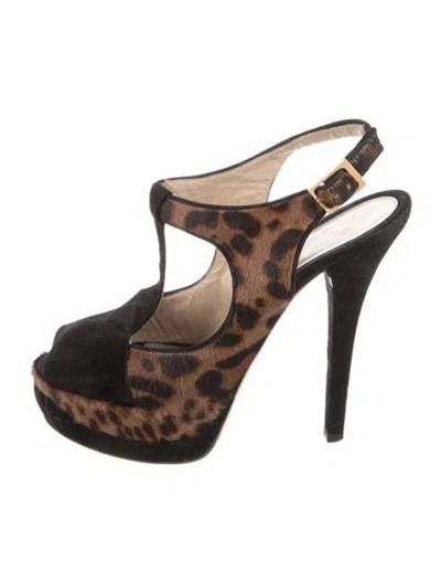 Pre-owned Fendi Ponyhair Animal Print T-strap Pumps In Brown