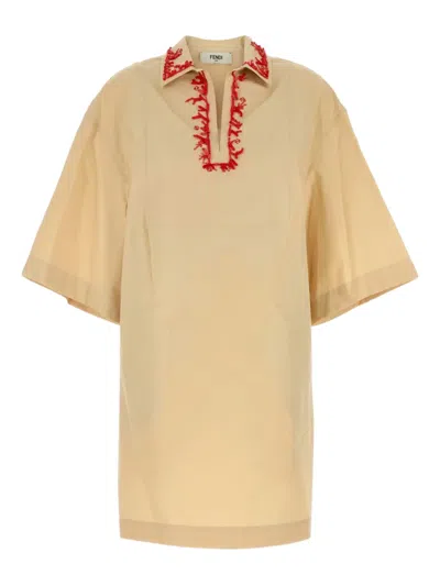 Fendi Loose Fit Dress Embroidered Collar In Yellow