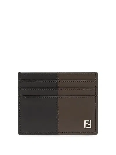 Fendi Portacarte "ff Double" In Pelle Bicolor Nero/ebano
