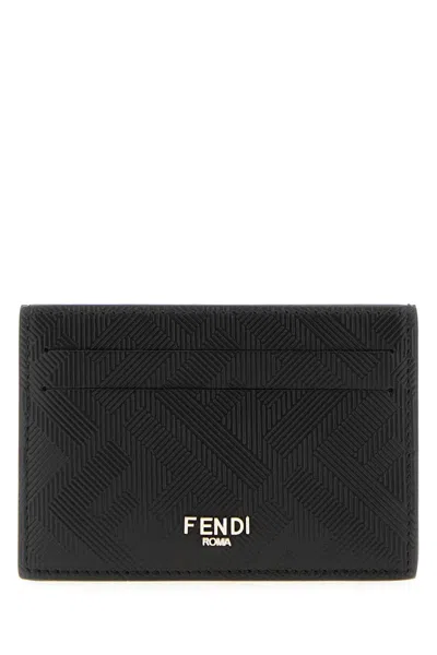 Fendi Portacarte Piatto Ff All Over Nero Su Nero In Black