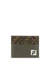 Fendi Brown Card-holder With Squared Ff Motif In Leather And Ff Canvas Man In Green