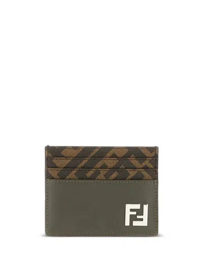 Fendi Portacarte Squared In Pelle E Tela Ff In Green