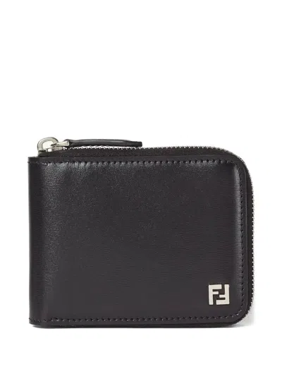 Fendi Compact Leather Wallet With Zip And Ff Logo In Black
