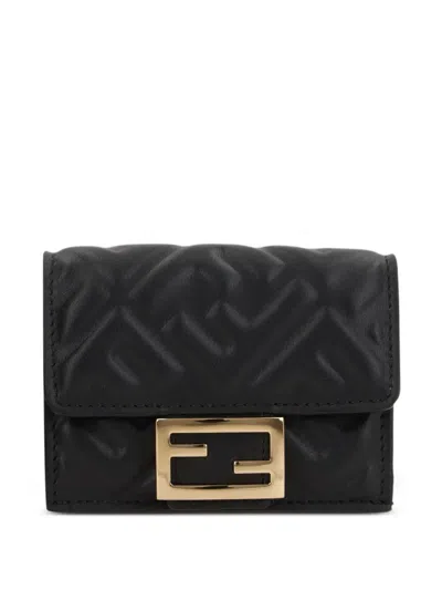 Fendi Nappa Leather Baguette Micro Trifold Wallet In Black