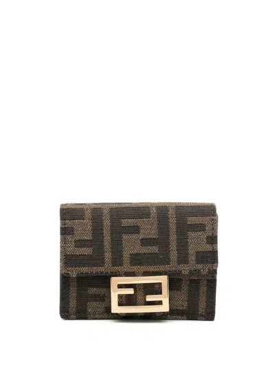 Fendi Micro Trifold Baguette Wallet In Ff Jacquard Fabric In Brown