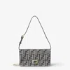 Fendi Wallet On Chain Baguette In Blue Denimeffect Ff Jacquard In Black