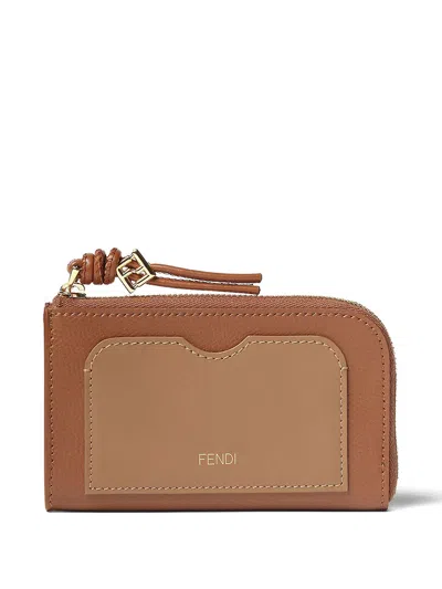 Fendi Nude Neutrals Leather Card Case Pouch In Brown