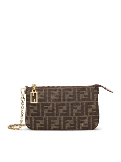 Fendi Pouch Baguette With Chain ??in Ff Jacquard Fabric In Brown