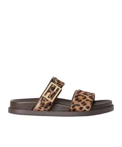 Fendi Printed Cavallino Calfskin Slides In Animal Print