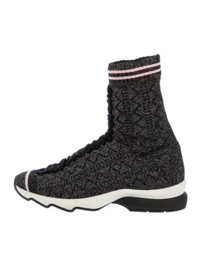 Pre-owned Fendi Printed Glitter Accents Sock Boots In Black