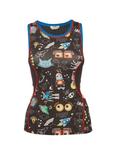 Pre-owned Fendi Printed Jersey Tank Top In Black