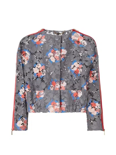 Fendi Bouquet Lace Cropped Blazer Long Sleeves In Gray