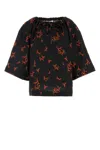 Fendi Floral Print Linen Top With Wide Sleeves In Black