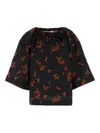 Fendi Floral Print Linen Top With Wide Sleeves In Black