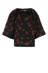 Fendi Floral Print Linen Top With Wide Sleeves In Black