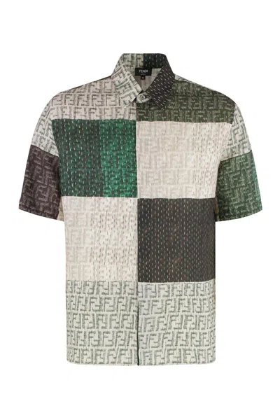 Fendi Men Linen Shirt With All-over Ff Print In Multi