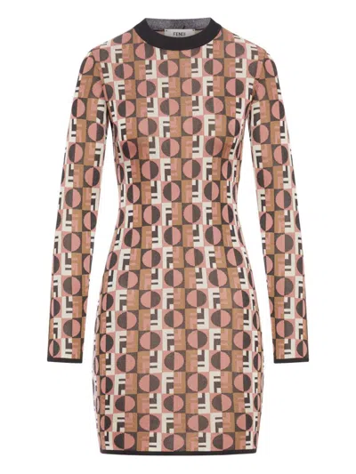 Fendi Optical Crew Neck Geometric Pattern Dress In Brown