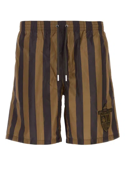 Fendi Printed Polyester Swim Shorts With Striped Detail In Multi