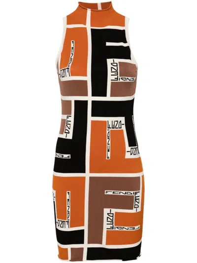 Fendi Printed Short Dress In Orange
