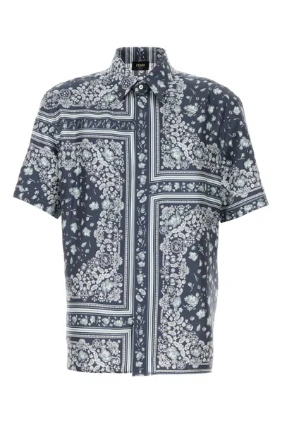 Fendi Men Blue Shirt With All-over Bandana Print In Silk Man