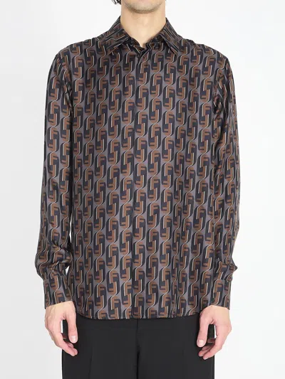 Fendi Silk Shirt Geometric Pattern Long Sleeves In Brown