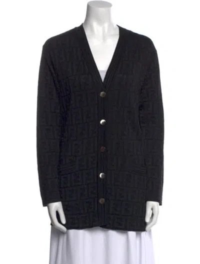 Pre-owned Fendi Printed V-neck Sweater In Black