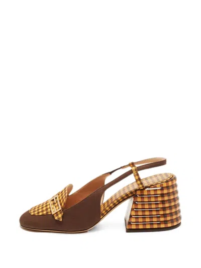 Pre-owned Fendi Promenade Gingham Slingback Pumps In Brown
