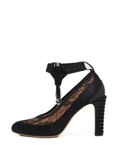 Pre-owned Fendi Promenade Lace Heeled Pumps In Black