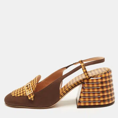 Pre-owned Fendi Promenade Size 40 Brown/yellow Gingham Fabric Slingback Pumps