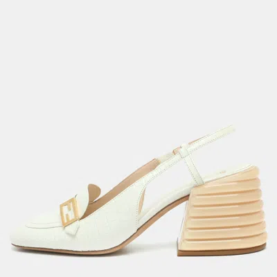 Pre-owned Fendi Promenade Size 41 White Croc Embossed Leather Slingback Pumps