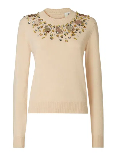 Fendi Knitwear With Embellished Neckline And Long Sleeves In Gold