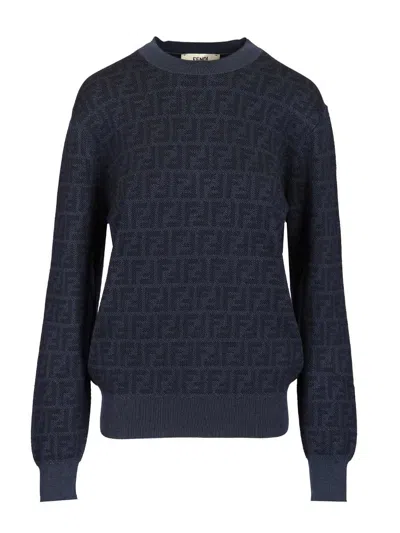 Fendi Pull Ff Denim Knit Knitwear Violet In Black
