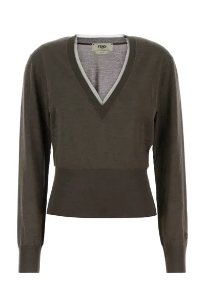 Fendi Cashmere-silk V-neck Sweater In Brown
