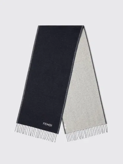 Fendi Pure Cashmere Scarf With Embroidered Logo And Fringed Edges In Blue